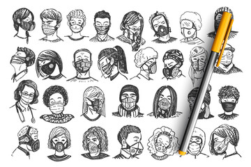 People with masks doodle set. Collection of hand drawn men women portraits with medical face respirators on transparent background. Protection from covid19 and healthcare illustration.