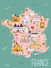 France Hand Drawn Vector Map With Famous Symbols, Landmarks Of The Country.