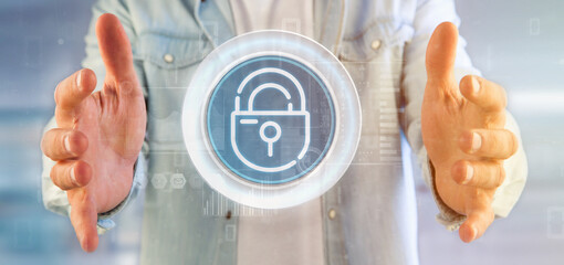 Wall Mural - businessman holding security padlock wheel icon with stats and binary code 3d rendering