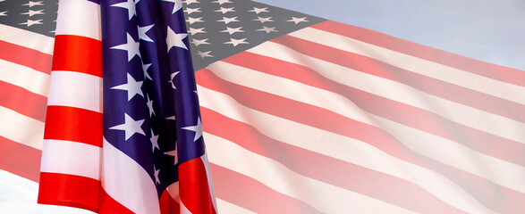 American Celebration - United States, USA hanging flag, flowing in the wind on white web banner background. American flags for Memorial Day, July 4th, Labor Day concept. copy space