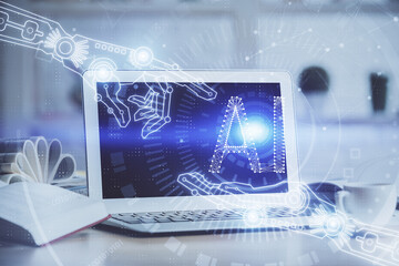double exposure of desktop computer and technology theme hologram. concept of software development.