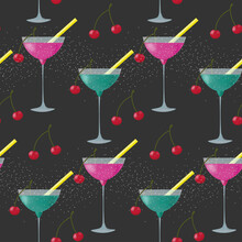 Seamless Vector Pattern With Green And Pink Cocktail In A Glass With Cherry And Drinking Yellow Straw.