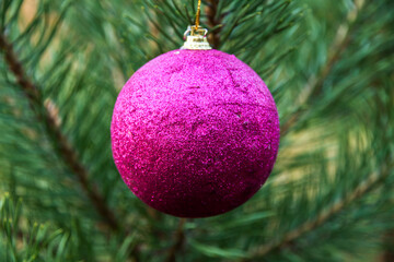 Christmas decorations toys on a green Christmas tree in the forest without snow on a warm day. Decorated Christmas tree for the holiday on a natural background.