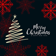 flat style merry christmas tree and snowflakes background