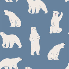 White polar bear on blue background. Cute minimalistic seamless pattern