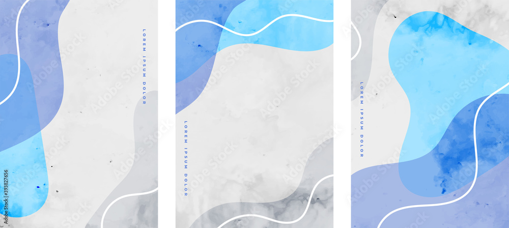 minimalist fluid shapes abstract flyers set in blue colors - obrazy, fototapety, plakaty 