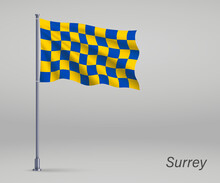 Waving Flag Of Surrey - County Of England On Flagpole. Template For Independence Day Poster Design