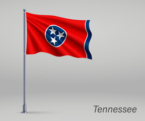 Waving flag of Tennessee - state of United States on flagpole. Template for independence day poster design