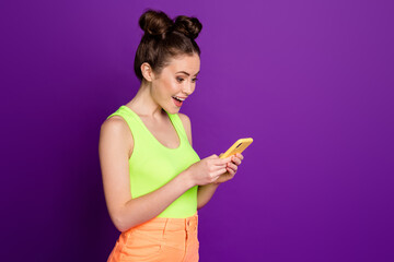 Sticker - Profile side view portrait of attractive cheerful girl using gadget browse post app 5g isolated over bright violet color background