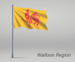 Waving flag of Walloon Region of Belgium on flagpole. Template for independence day poster design