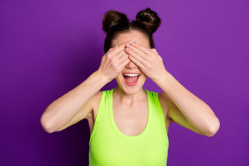 Poster - Photo of positive girl close cover hide eyes palm scream wear singlet isolated over purple shine color background