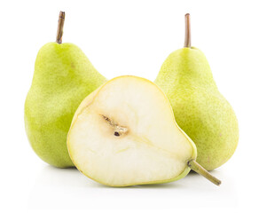 Fresh pears, one and a half yellow fruit isolated on white background