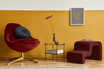 Wall Mural - Unique living room in modern style interior with mock up poster frame,  design red velvet armchair,  elegant furniture, decoration and pesronal accessories in home decor. Honey yellow wall. Template.