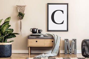 japandi style living room with mock up poster frame, design wooden commode, unique furniture, decora