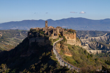 View Civita di Bagnoregio,ancient Italian city standing on top of a plateau on the border with Umbria, inside the wonderful Valle dei Calanchi, in the province of Viterbo.