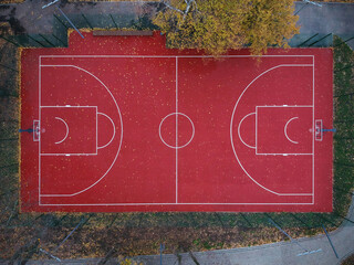 Aerial top view of the deserted basketball court