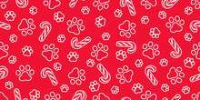 Dog Paw Seamless Pattern Chriatmas Candy Cane Footprint French Bulldog Puppy Vector Pet Cartoon Repeat Wallpaper Tile Background Scarf Isolated Illustration Doodle Design