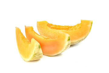 Canvas Print - Orange cantaloupe melon fruit sliced isolated on white background