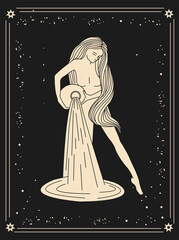 Magic, vector illustration; astrological chart of the zodiac sign; aquarius on a dark gray, black background. Woman in the starry sky. Gold sign on a dark background. A woman with a jug in her hands.