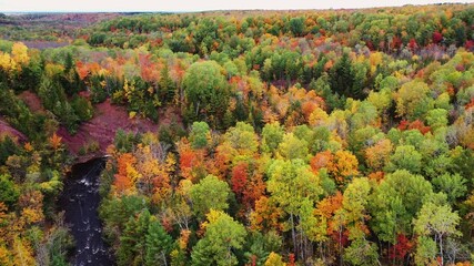Wall Mural - beautiful autumn aerial flying over potato river's winding river valley with a view of sloping hills