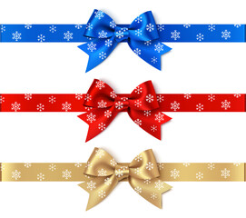 Wall Mural - set of decorative bows with horizontal ribbon and white snowflakes isolated on white. christmas and 