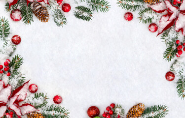Wall Mural - christmas decoration. frame of branches christmas tree, flowers of red poinsettia, brown natural spr