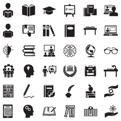 Learning Icons. Black Flat Design. Vector Illustration.