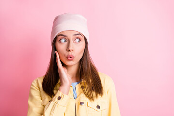 Poster - Photo of funny sweet young lady wear casual outfit headwear arm cheek lips pouted isolated pink color background