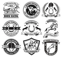 Vintage Badges For Equine Club Vector Illustration Set. Monochrome Jockey Polo Tournament Signs. Horse Races And Racing School Concept Can Be Used For Retro Template, Banner Or Poster