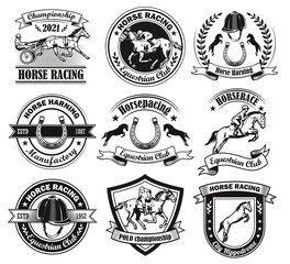 Poster - Vintage badges for equine club vector illustration set. Monochrome jockey polo tournament signs. Horse races and racing school concept can be used for retro template, banner or poster