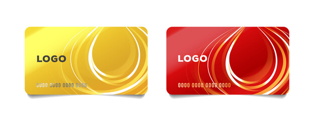 Set of bank credit cards with abstract illustration of stripes forming drop, in red and yellow colours