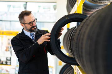 Sticker - Mechanic man with car tires at service station. Male mechanic holding car tire in automobile store shop