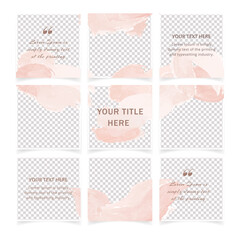 Modern editable social media post template set with place for photo. Abstract pink color backgrounds in minimal style for mobile apps, web banners. Social media post puzzle feed