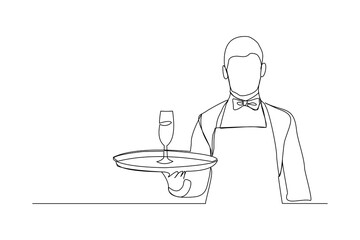 Wall Mural - continuous line drawing of waiters man holding order glass wine on the tray for customer. One line art concept of restaurant bar and cafe worker. Vector illustration