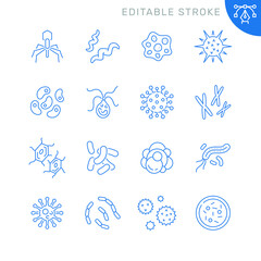 Bacteria and virus related icons. Editable stroke. Thin vector icon set