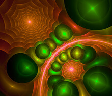 Bright Orange Spirals And Illuminated Green Balls On An Abstract Fractal Background. Balls Of Different Sizes Are Located Diagonally And Around The Circumference. 3d Rendering. 3d Illustration.