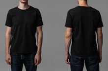 Young Male In Blank Black T-shirt, Front And Back View. Design Men T Shirt Template And Mock-up For Branding Or Print. 