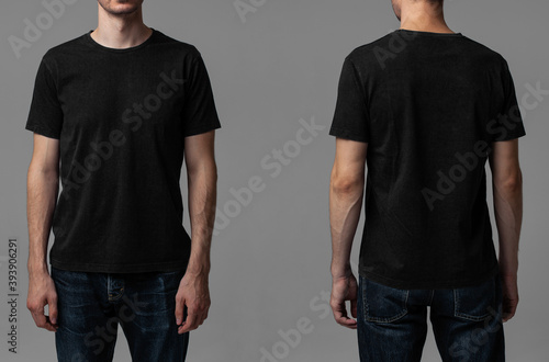 Young male in blank black t-shirt, front and back view. Design men t shirt template and mock-up for branding or print.