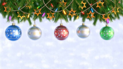 Wall Mural - Christmas Decorations Hanging and Rotating From Twigs- 3D render. Seamless loop