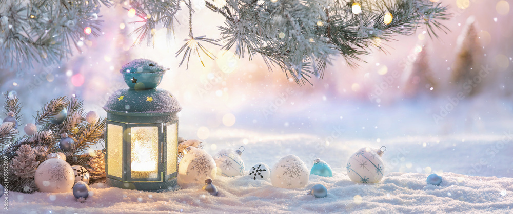 Christmas Lantern On Snow With Fir Branch In The Sunlight. Winter Decoration Background - obrazy, fototapety, plakaty 