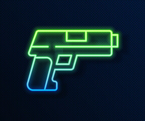 Poster - Glowing neon line Pistol or gun icon isolated on blue background. Police or military handgun. Small firearm. Vector.