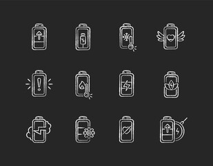 Sticker - Battery status chalk white icons set on black background. Innovational charging process. Using cables for getting electricity. Wireless station. Isolated vector chalkboard illustrations