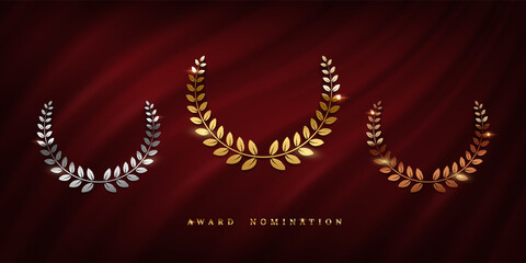 Wall Mural - award ceremonyposter template. golden, silver and bronze laurel wreath isolated on red curtain backg