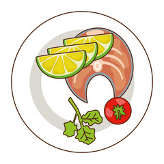 Wall Mural - delicious salmon meat with lemon and tomato fast food icon