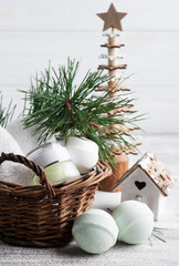 Bath bombs in basket in Christmas SPA composition