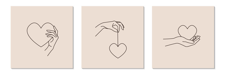 Wall Mural - Logo design template with woman's hand holding heart. Line art minimalism style. Vector illustration