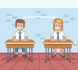 Wall Mural - covid preventive at school scene with little students couple and social distance in desks