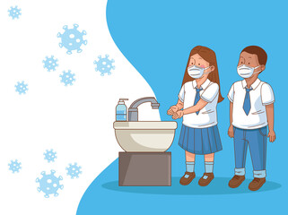 Wall Mural - covid preventive at school scene with students couple washing hands