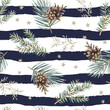 Christmas seamless pattern, cones, green pine, fir twigs, stars, striped background. Vector illustration. Nature design. Season greeting. Winter forest. Xmas holidays