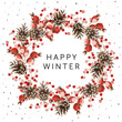 Christmas wreath with text Winter wishes, white background. Cones, red berries, snowflakes. Vector illustration. Nature design. Greeting card, poster template. Xmas holidays